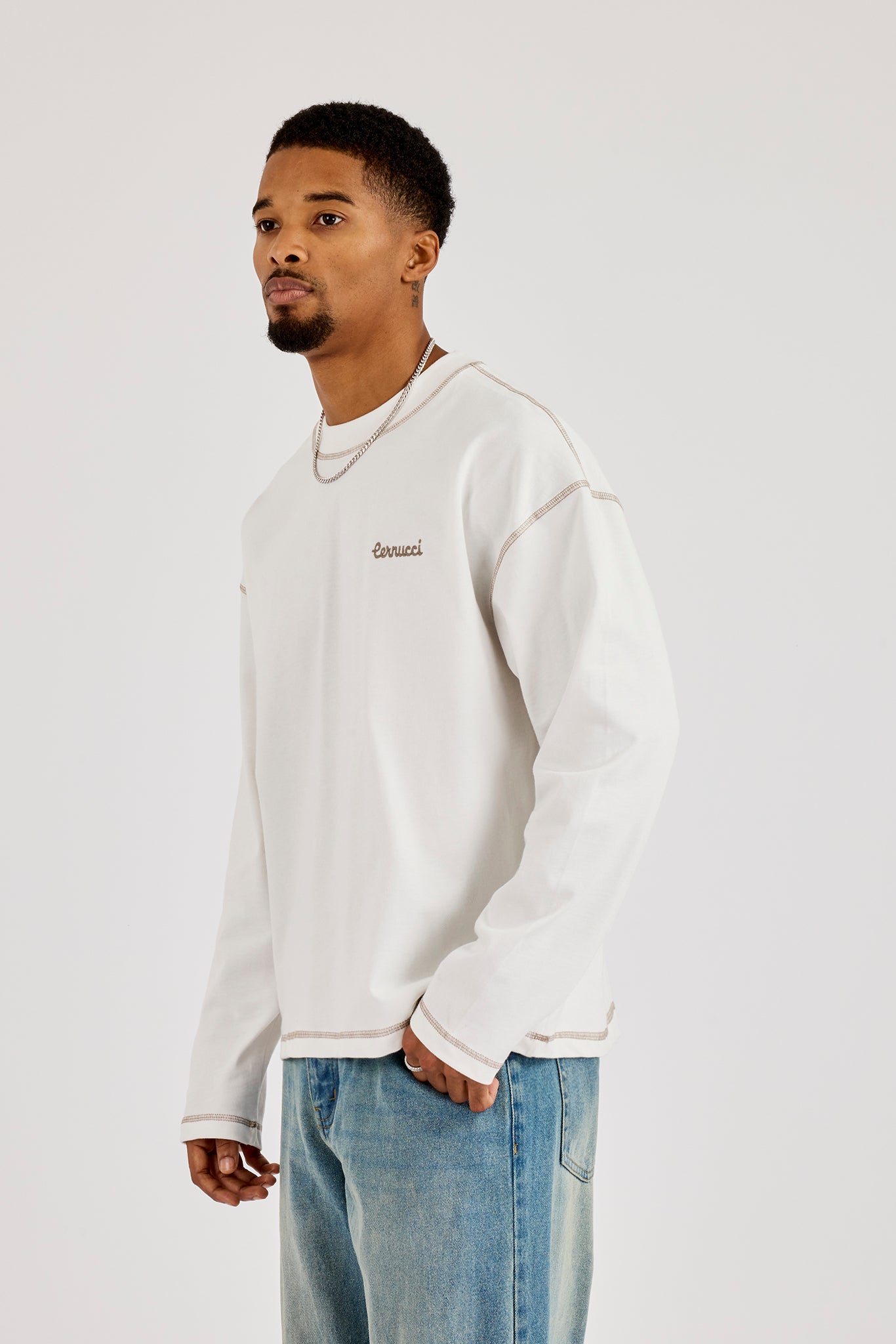 Long Sleeve Contrast Stitch Logo T-Shirt - Off White